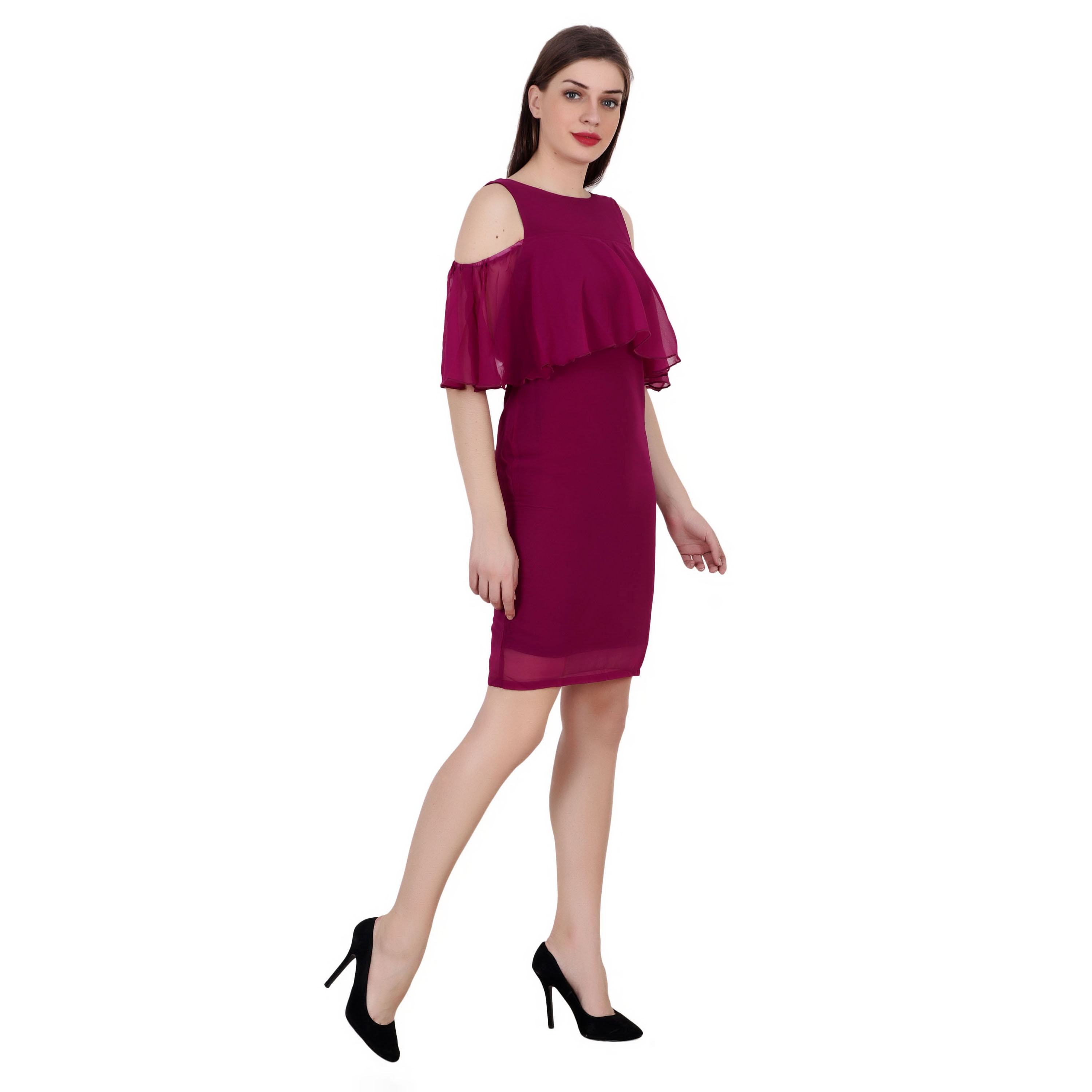 GRAPE PURPLE MIDI RUFFLE CAPE DRESS